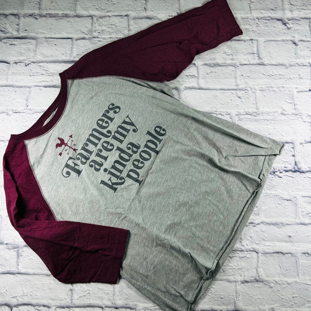 John Deere Womens XL Grey Burgundy Farmers Are My Kinda People Raglan Jersey Tee